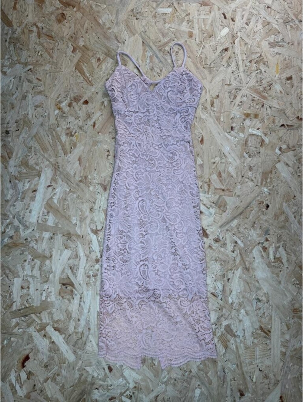 Charlotte Russe Pink Lace Midi Dress Womens Small V-Neck Strappy Back Bodycon